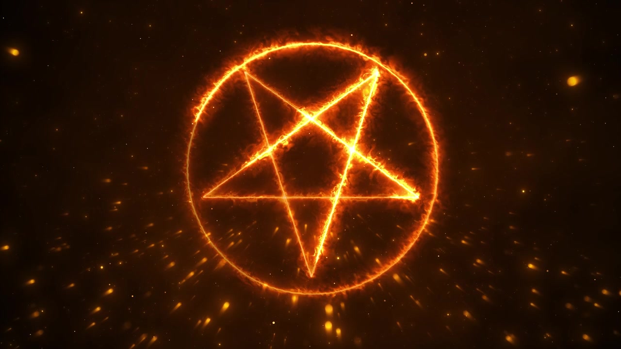 Ildfuldt mystisk symbol, glødende cirkel, flammende stjernelinjer, gnister, mørk rituel atmosfære, fantasy-introer