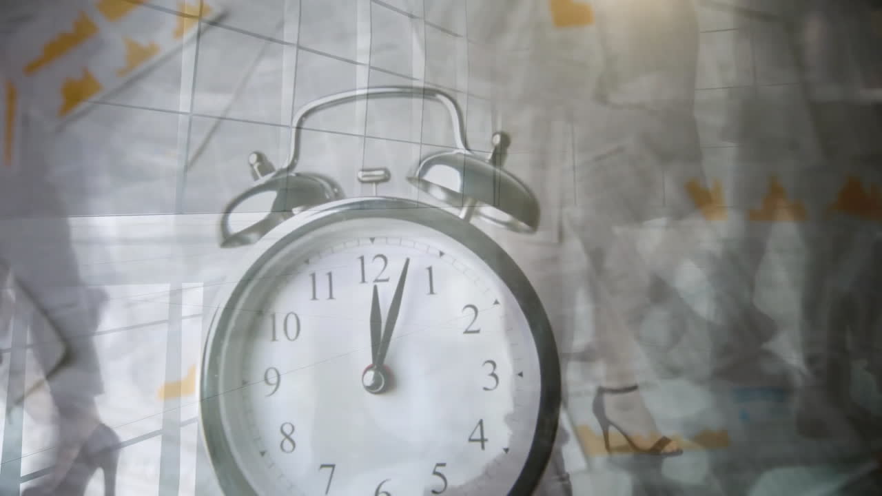 Animation of moving clock over business people walking