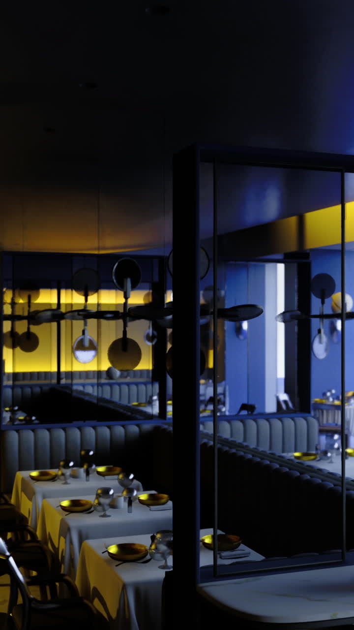 Modern dining area with vibrant lighting and elegant decor