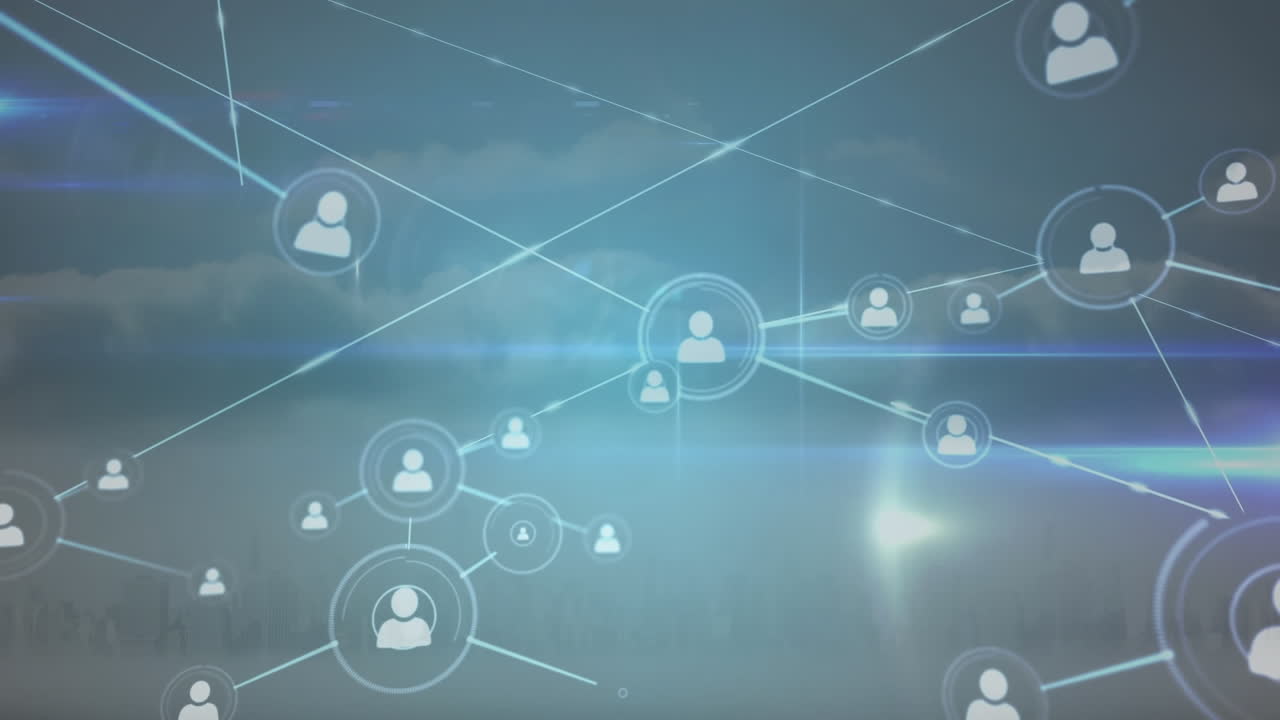 도시 풍경 위의 데이터 처리와 연결 네트워크의 애니메이션