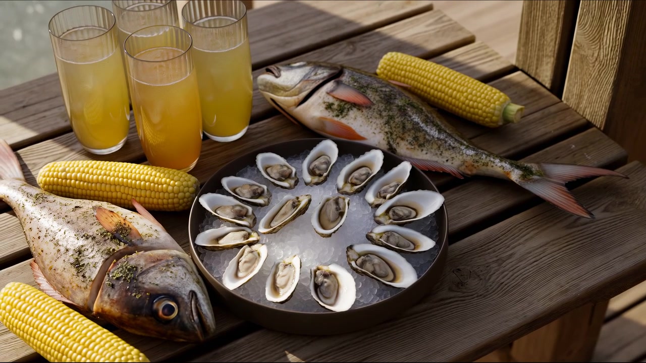 Oysters And Trout On Wooden Dock, Glasses Of Orange Juice, Corn On Cob, Oyster Platter On Ice, Morning