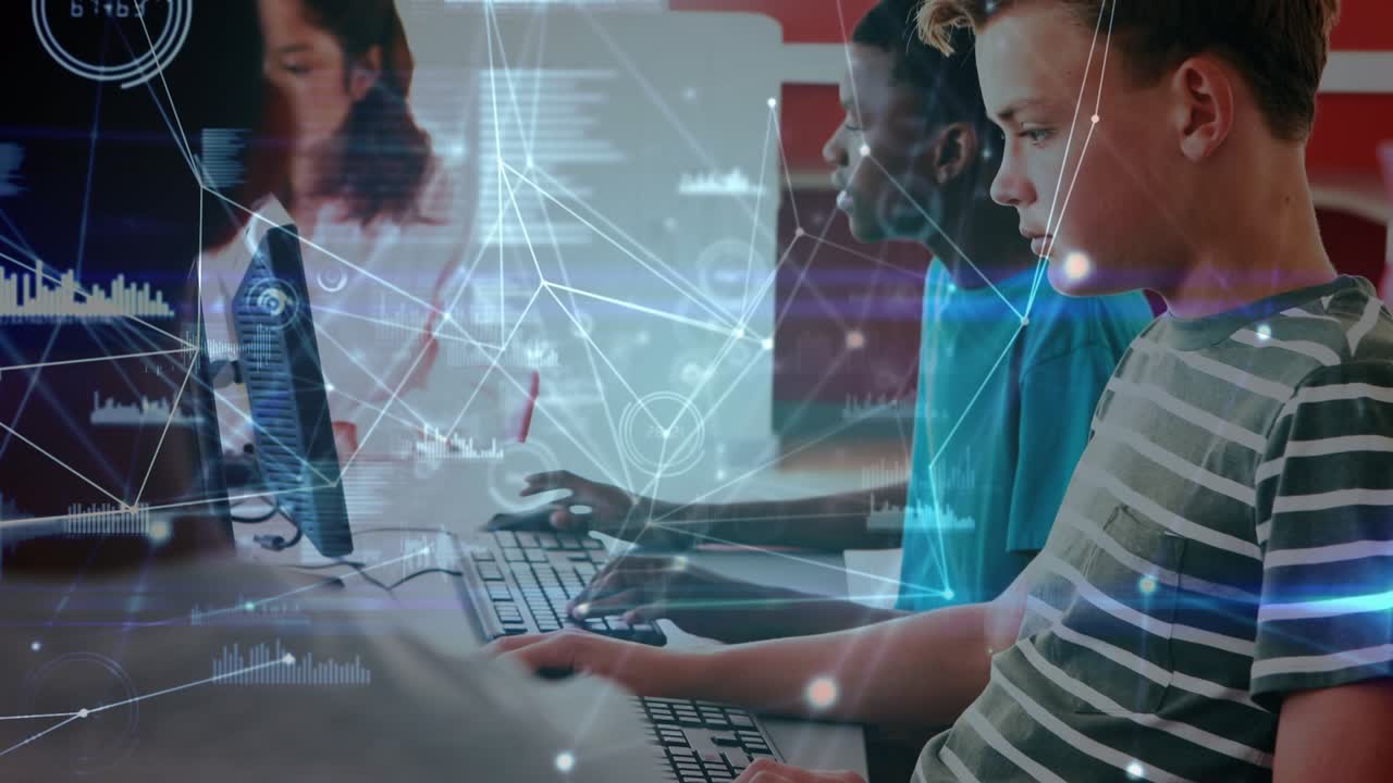 Animation of network of connections over diverse schoolchildren using computers in classroom