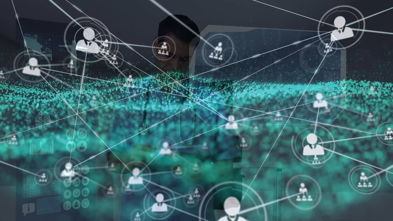 Animation of network of connections with icons over caucasian male doctor with stethoscope