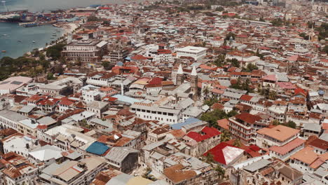 top view of roofs and streets of zanzibar stone town on a clear sunny day