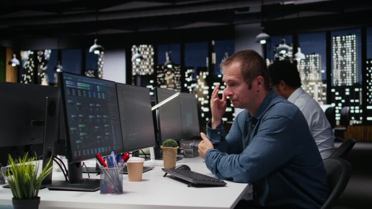 Stressed Programmer Finds Solution Working Late in Modern Office