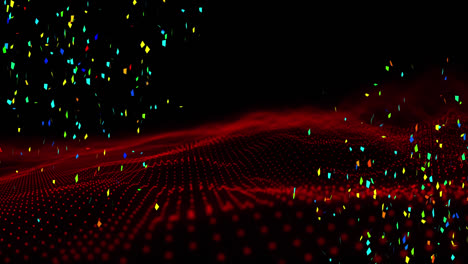 animation of colourful confetti falling, over undulating red dot landscape on black background