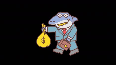 el tiburón camina y sostiene una bolsa de dinero. animación cuadro por cuadro. canal alfa