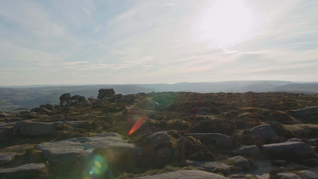 Time-Lapse of hikers walking across the rocky summit of Stanage Edge, Peak District, UK