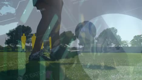 animación del procesamiento de datos estadísticos sobre la sección baja de un jugador de fútbol masculino sacudiendo la pelota