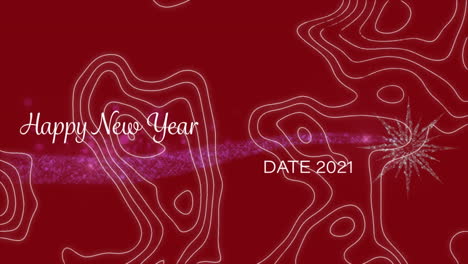 Animation of happy new year2021 text over white moving lines on red background