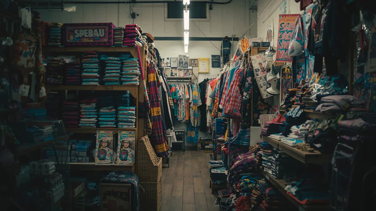 Starting sequence, panning camera moving down central aisle in narrow shop to reveal folded clothes