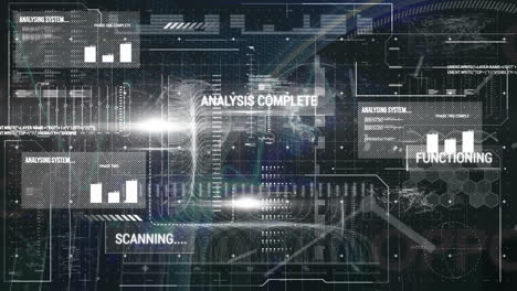 digital interface with data processing against world map on black background