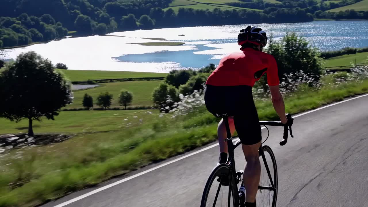 Ciclista in maglia rossa percorre una strada panoramica sul lago. Questo video è stato girato da un angolo posteriore.