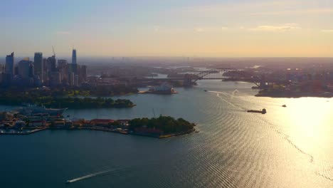 zoom in aerial view of port jackson bay in daytime, sydney, nsw australia