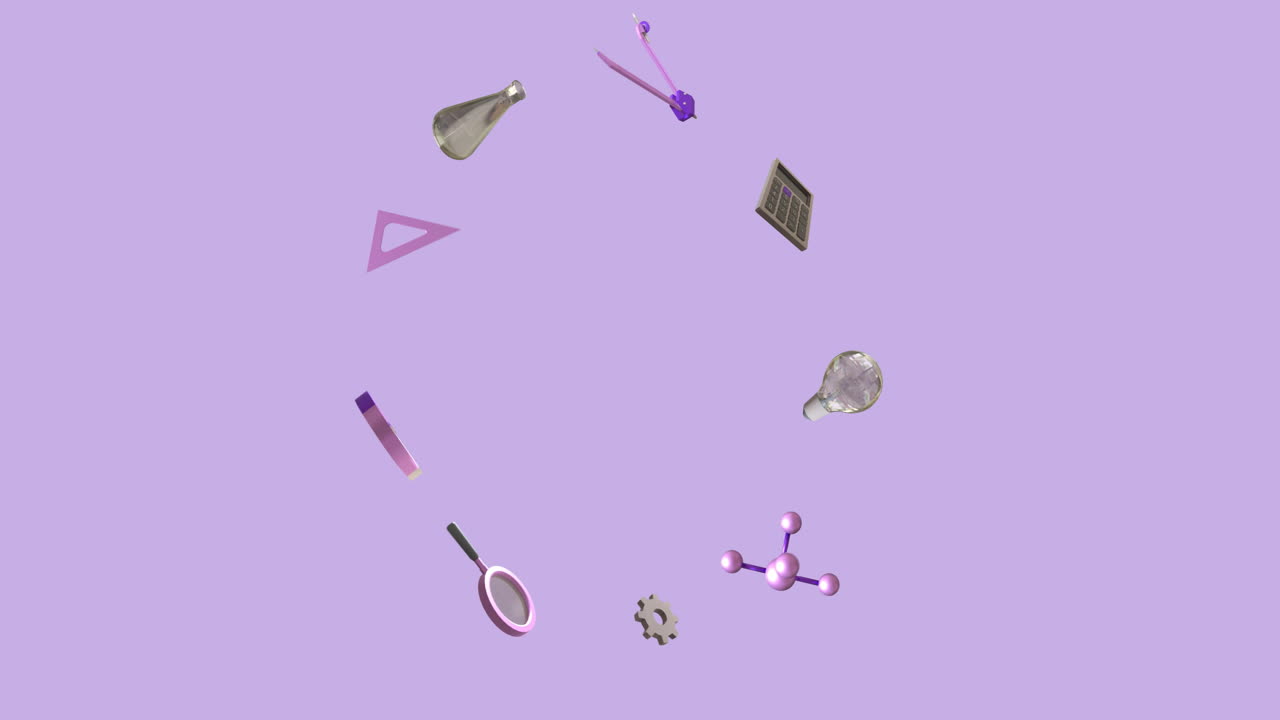 보라색 배경에 복사 공간으로 움직이는 학교 아이템 아이콘의 애니메이션