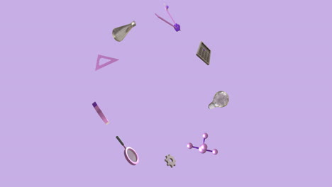 animation of school item icons moving with copy space on purple background