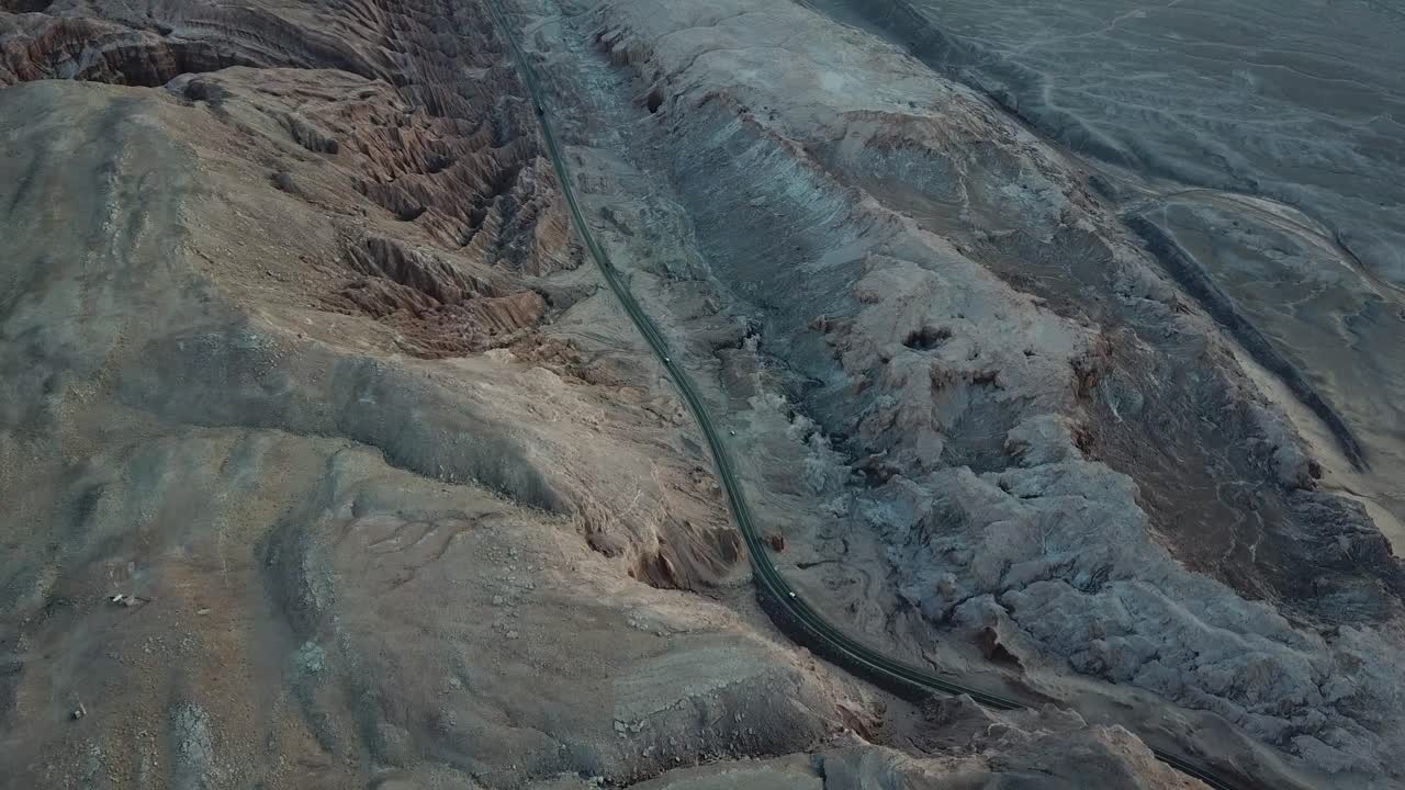 Drone Aerial View of Cars on Atacama Desert Road, Valle De La Muerte and Valle De La Luna, Chile