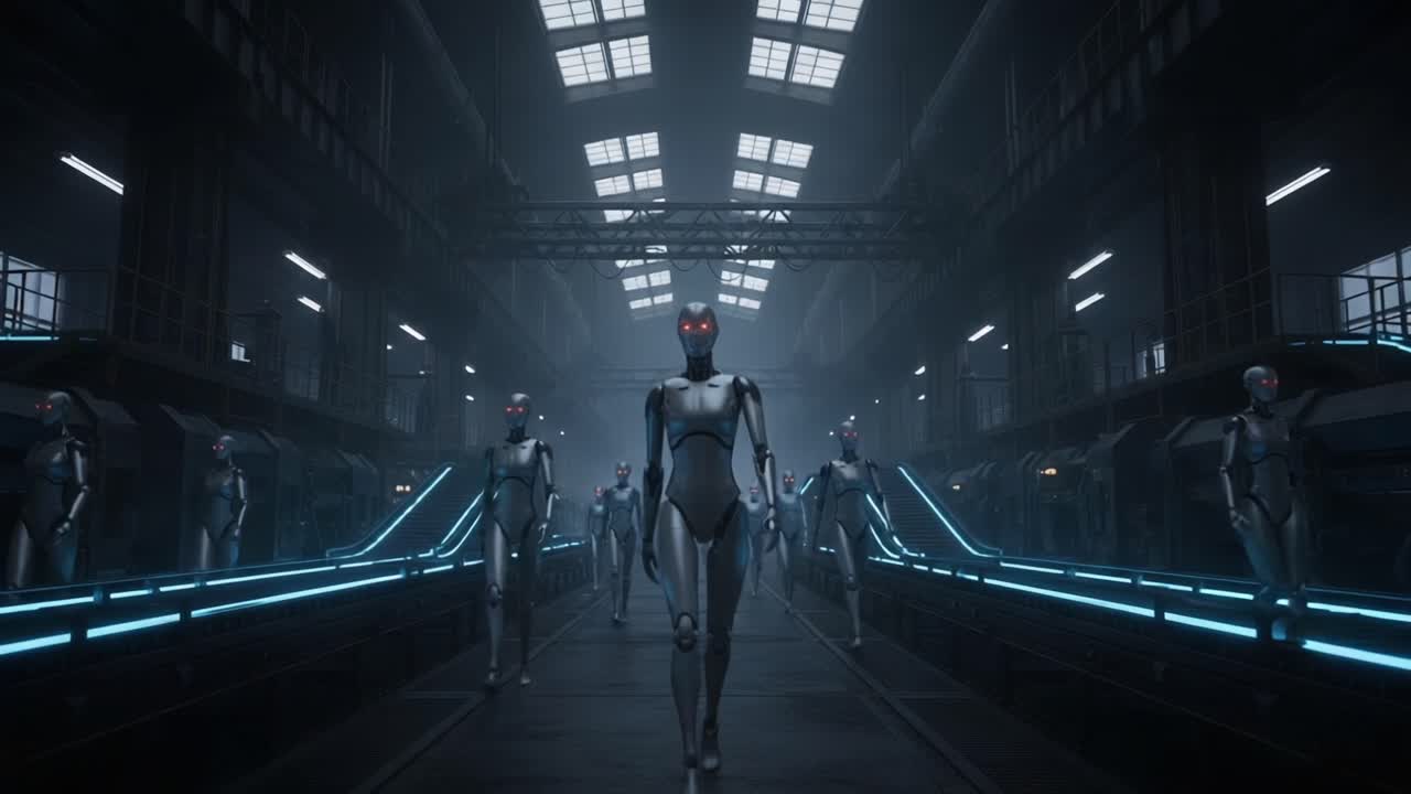 Futuristic Robots in an Industrial Setting: A Scene from a High-Tech Factory Showcasing Advanced Automation and Artificial Intelligence in Production Lines
