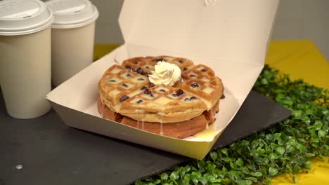 waffles and coffee take away box slow motion candy sweat cream
