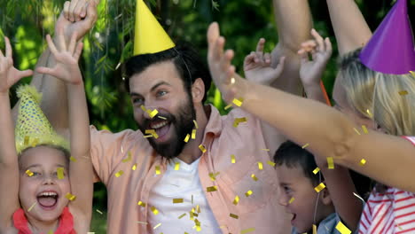 animation of confetti falling over family having fun at birthday party