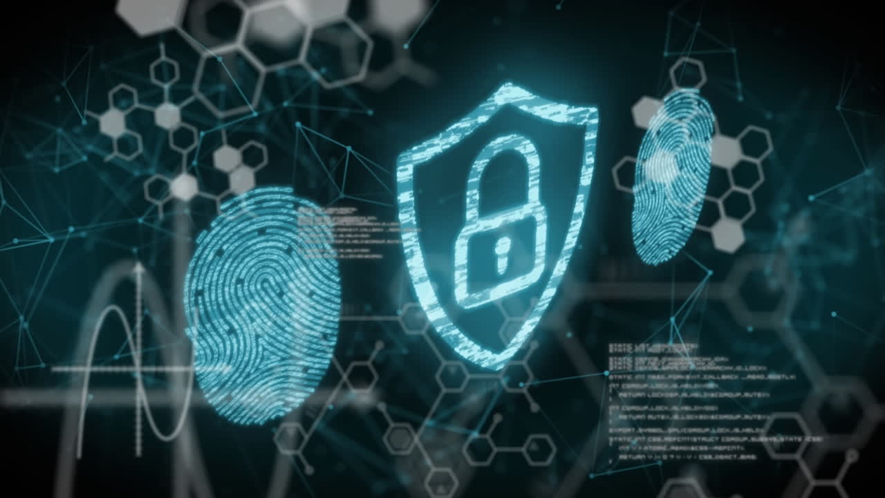 animación de un candado digital y huellas dactilares sobre datos científicos sobre un fondo negro