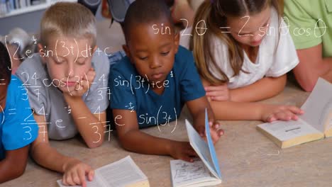 Animation-of-math-formulas-over-diverse-children-reading-books-at-school
