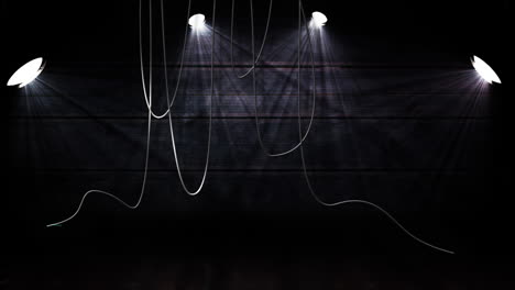 animation of white spotlights and hanging cables over dark wooden boards on black background