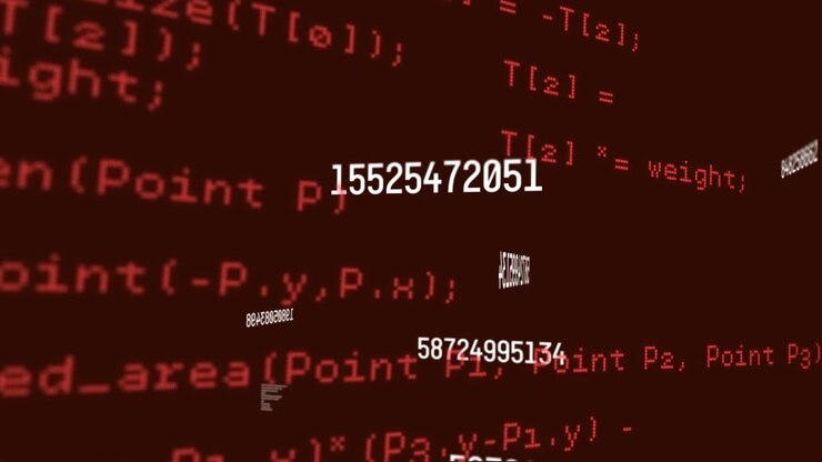 Digital animation of changing numbers and data processing against red background