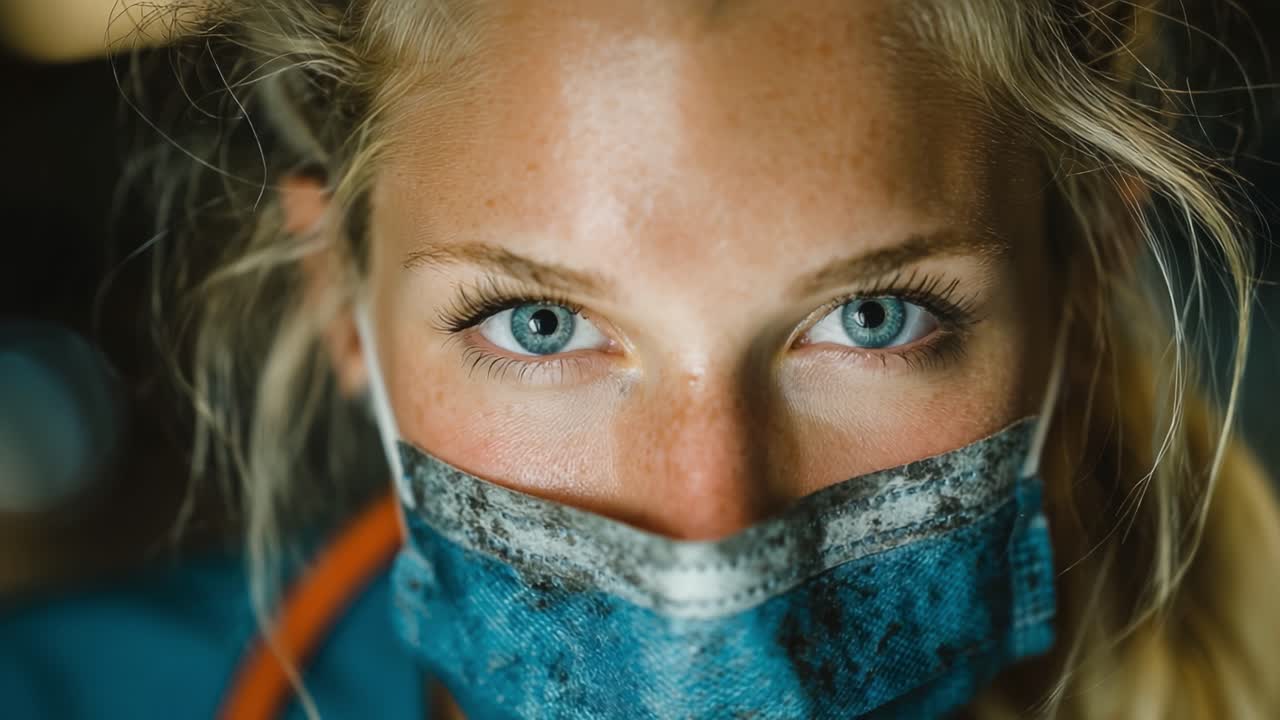Un Ritratto Ravvicinato di una Giovane Donna che Indossa una Mascherina, Sottolineando i Suoi Intensi Occhi Azzurri e l'Espressione Seria in un Contesto Professionale