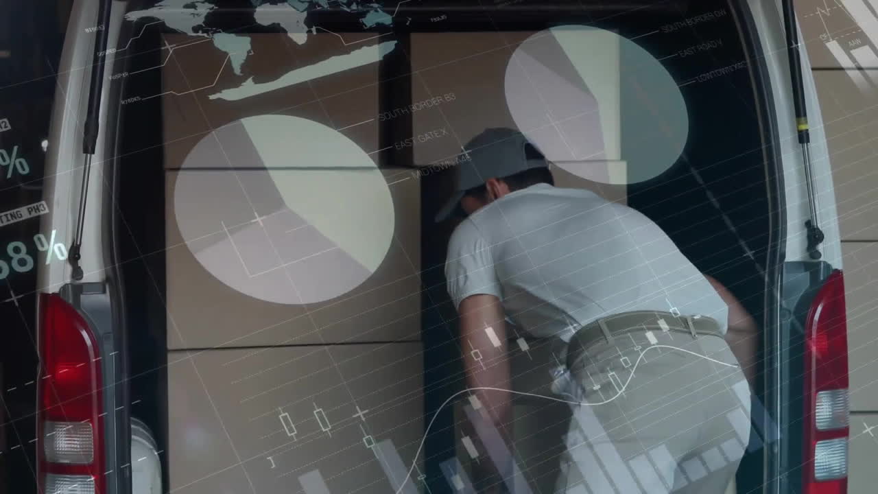 animación del procesamiento de datos financieros a través del repartidor caucásico por furgoneta