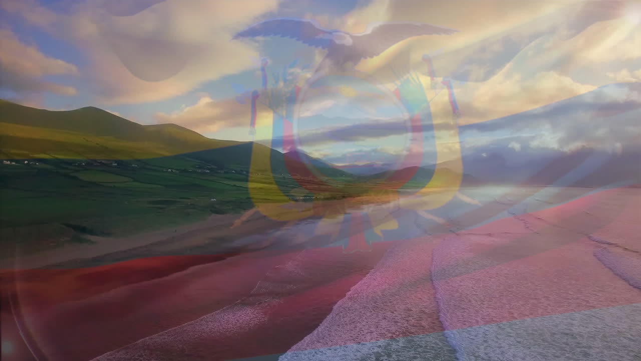 animación de la bandera de ecuador ondeando sobre el paisaje de la playa