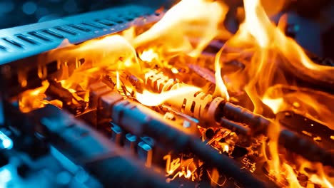 a computer motherboard on fire with a blue background