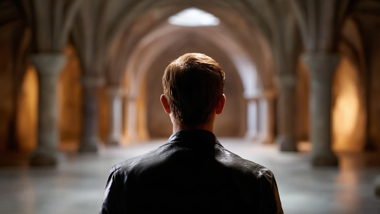 Samotna postać stoi w wielkiej, starożytnej sali, wpatrując się w dal, otoczona majestatycznymi łukami i misterną kamieniarką, co wywołuje poczucie tajemnicy i zachwytu