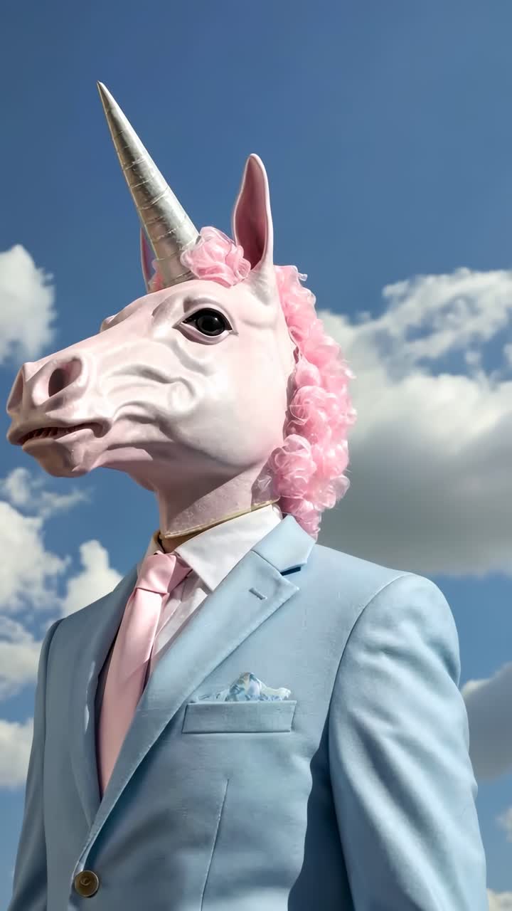 Konsep video surealis menampilkan seseorang mengenakan topeng unicorn dan setelan warna pastel, diambil dari sudut rendah.