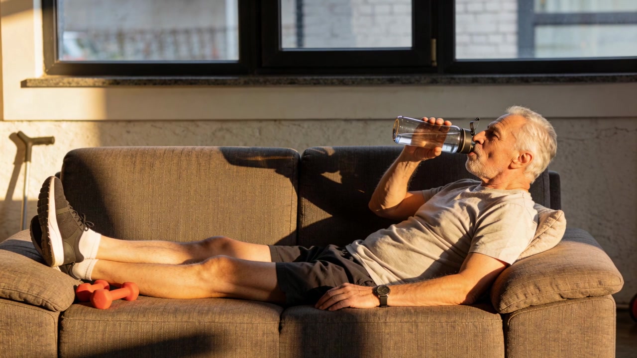 After dumbbell set, senior in workout clothes lifting water bottle and drinking reclining at home