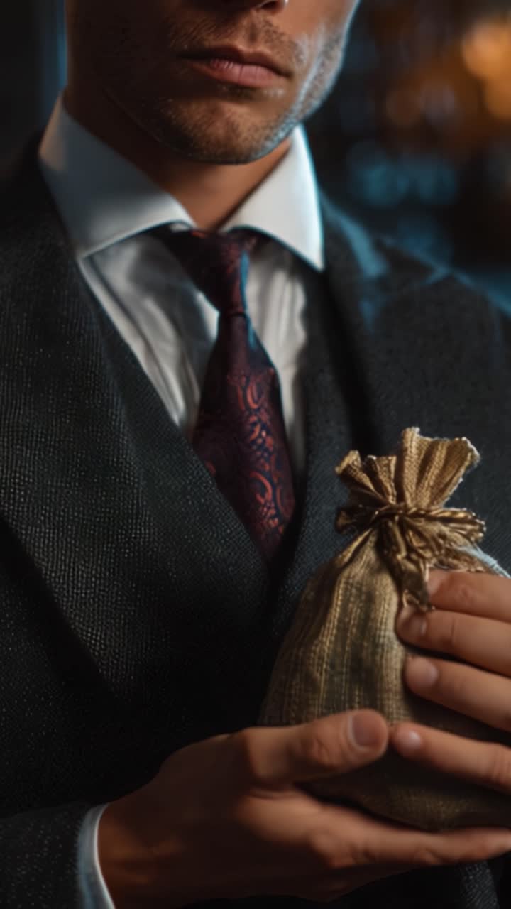 Un misterioso gentiluomo che tiene in mano una borsa di tela di iuta in un'atmosfera elegantemente soffusa, catturando l'essenza di intrigo e ricchezza in un'ambientazione senza tempo