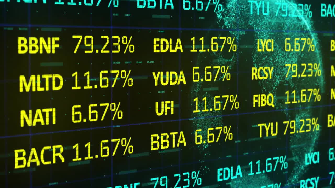 Animation of financial data processing over globe on dark background