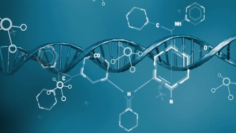 dna 가닥의 애니메이션과 파란색 배경의 과학 데이터 처리