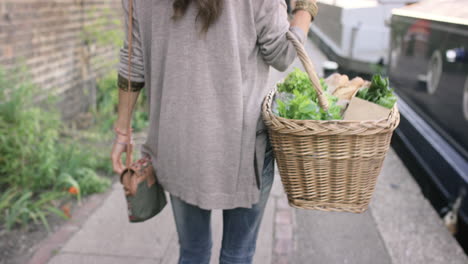 beautiful woman shopping basket healthy fresh vegetables walking in city