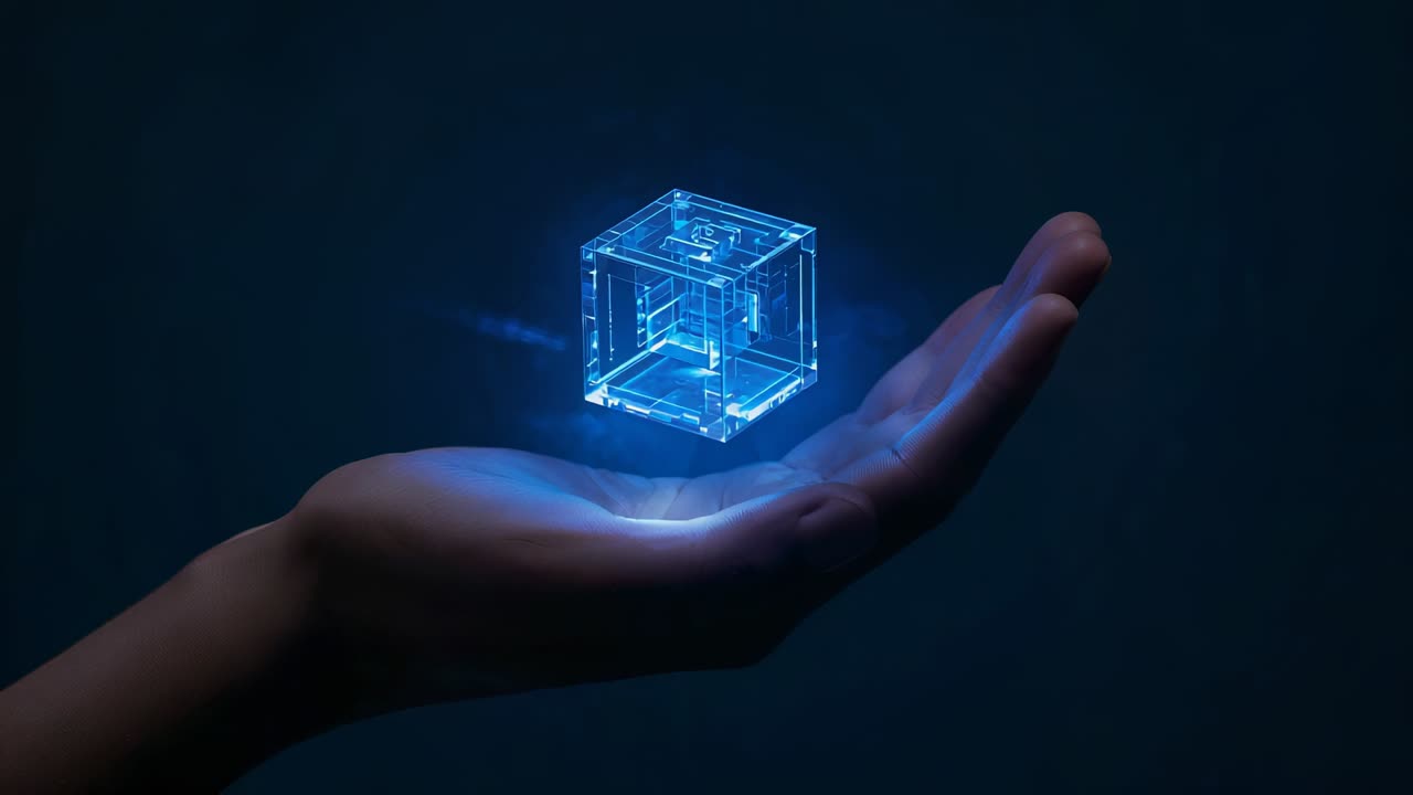 Holding adult hand steady, holographic cube brightening, rotating and lowering over palm at studio