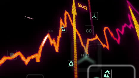 rising and falling stock market graph with environmental icons animation