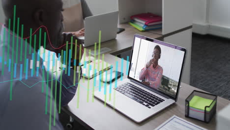 animation of financial data processing over african american businessman on laptop video call