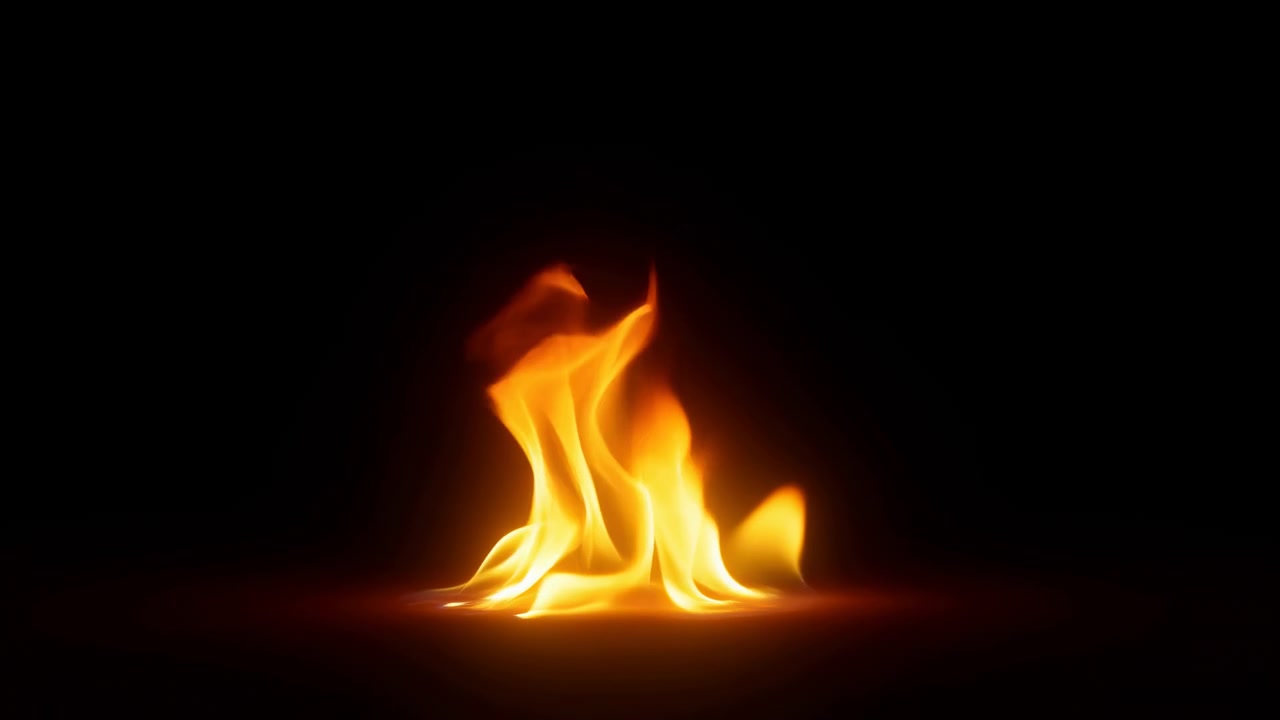 Uma única chama brilhante eleva-se contra um fundo preto com um brilho quente laranja, amarelo e branco, bordas suavemente onduladas, línguas em camadas, forte contraste, composição centralizada, calor visível e cintilação