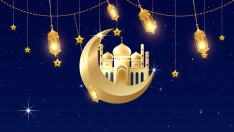 ramadan celebration mosque with crescent moon and lanterns