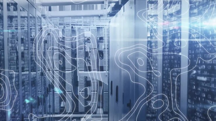 Animation of white map lines and data processing over tech room with computer servers