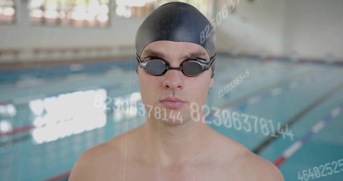 Nuotatore che si sistema gli occhialini da nuoto a bordo piscina, attivando una griglia tecnologica sportiva fluttuante per la regolazione della vestibilità