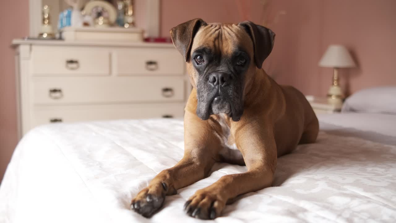 Cute boxer dog lying on belly over bed in cozy room