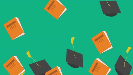 sombrero de graduación y icono de libro cayendo contra un fondo verde