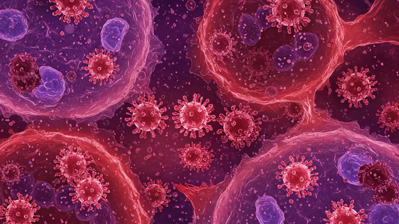 Microscopic Visualization of Viral Infections and Host Cells: Examining the Intricacies of Pathogen Interaction and Immune Responses in a Colorful, Abstract Setting