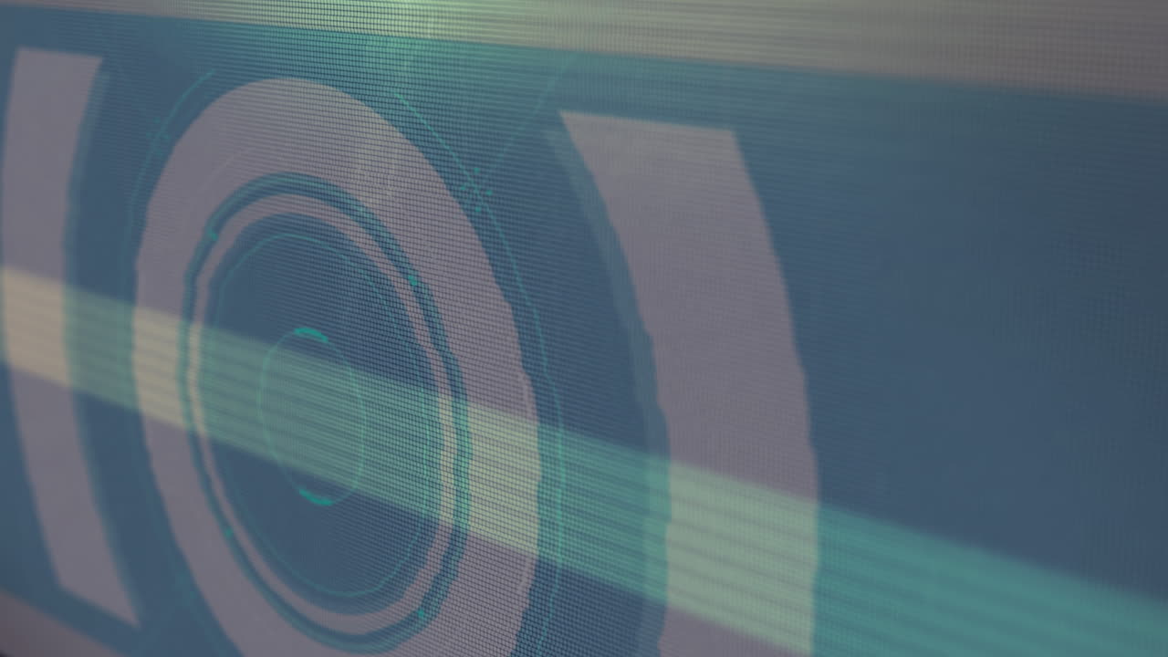 Digital animation of light trails and glitch effect against round scanner on red background